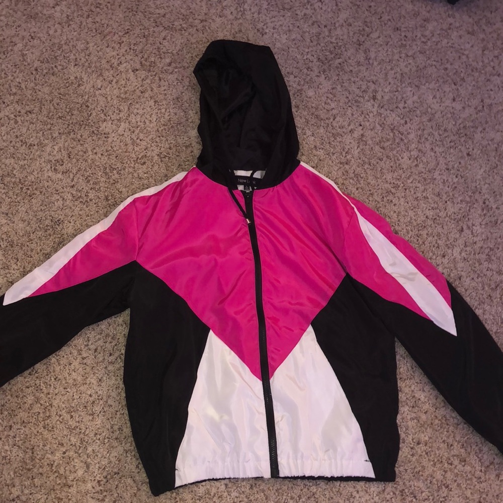 New look large windbreaker black pink and white